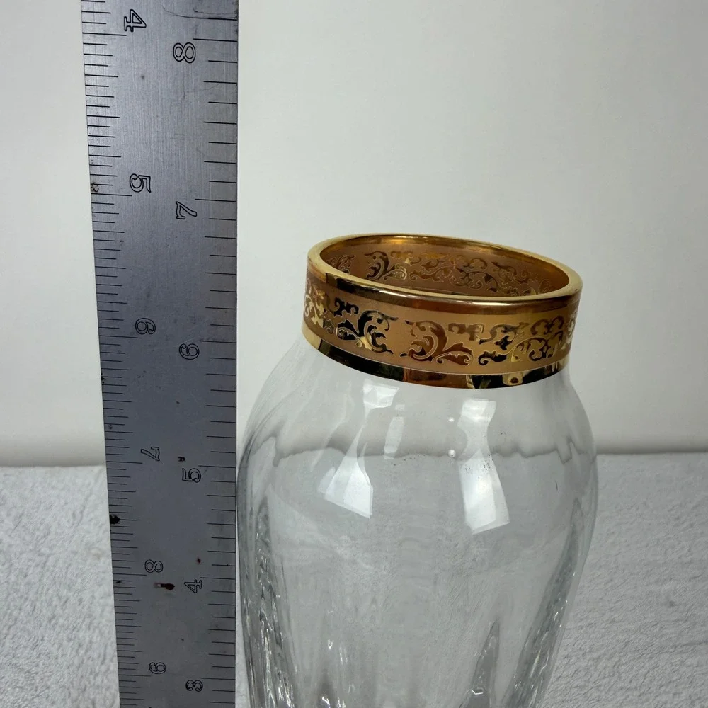 Vintage Lenox Crystal Glass Paneled Vase Gold Encrusted Scroll Rim Ribbed 8